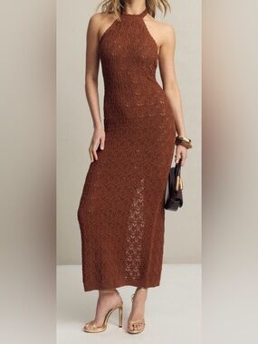 Ronny Kobo x RTR Brown Crochet Halter Maxi Dress